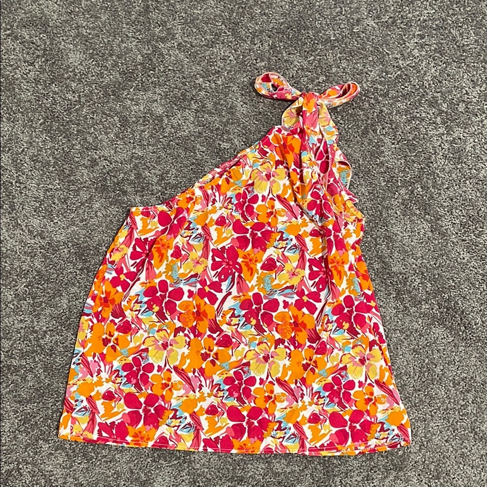 SHEIN Floral One-Shoulder Tank Top - Pink and Orange